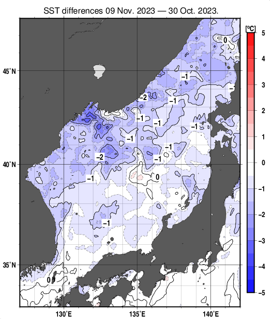 日本海の10日間の海面水温変化量分布図（11月9日）