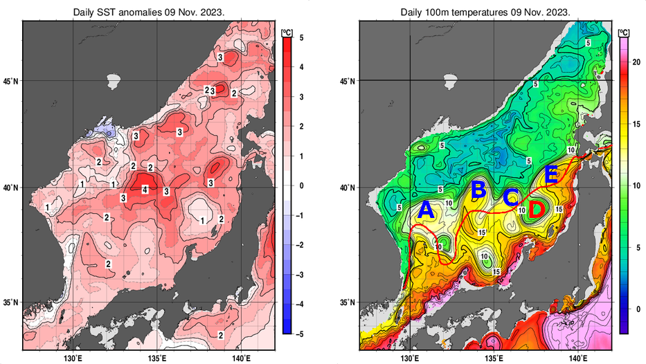 日本海の海面水温平年差分布図および深さ100mの水温分布図（11月9日）
