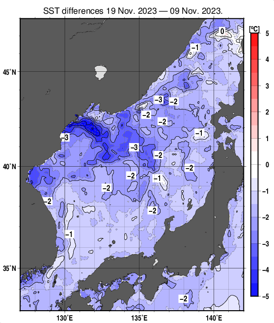 日本海の10日間の海面水温変化量分布図（11月19日）
