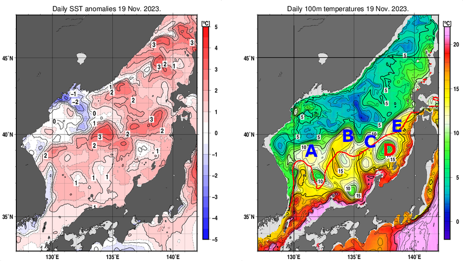 日本海の海面水温平年差分布図および深さ100mの水温分布図（11月19日）