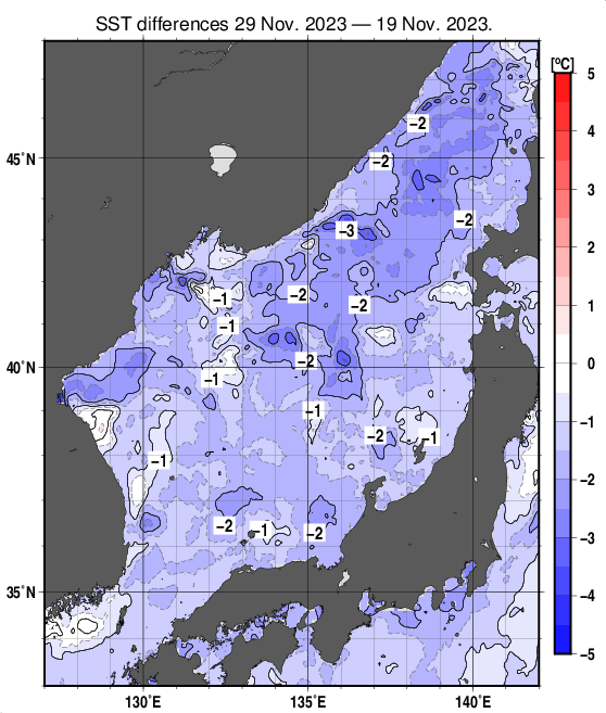 日本海の10日間の海面水温変化量分布図（11月29日）