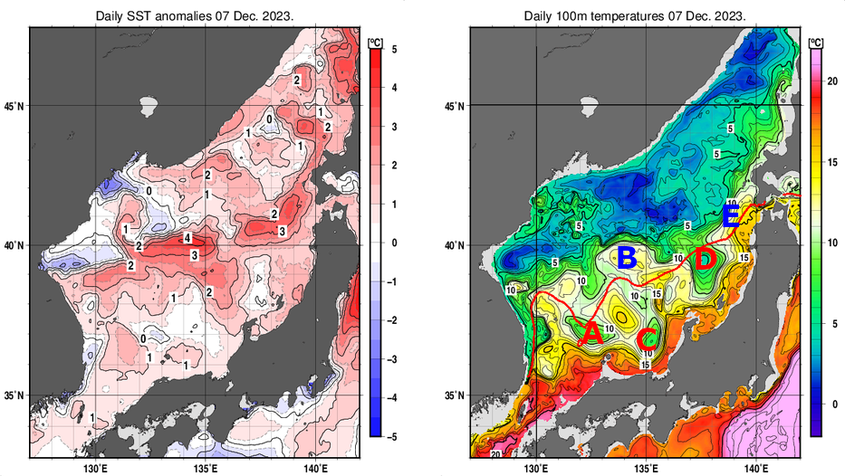 日本海の海面水温平年差分布図および深さ100mの水温分布図（12月7日）