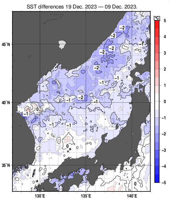 日本海の10日間の海面水温変化量分布図（12月19日）
