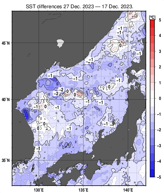 日本海の10日間の海面水温変化量分布図（12月27日）