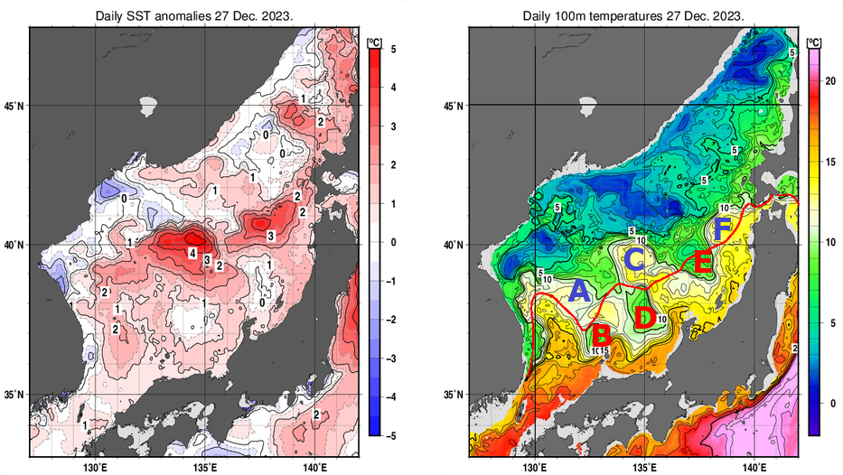 日本海の海面水温平年差分布図および深さ100mの水温分布図（12月27日）