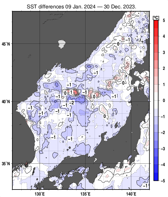 日本海の10日間の海面水温変化量分布図（1月9日）