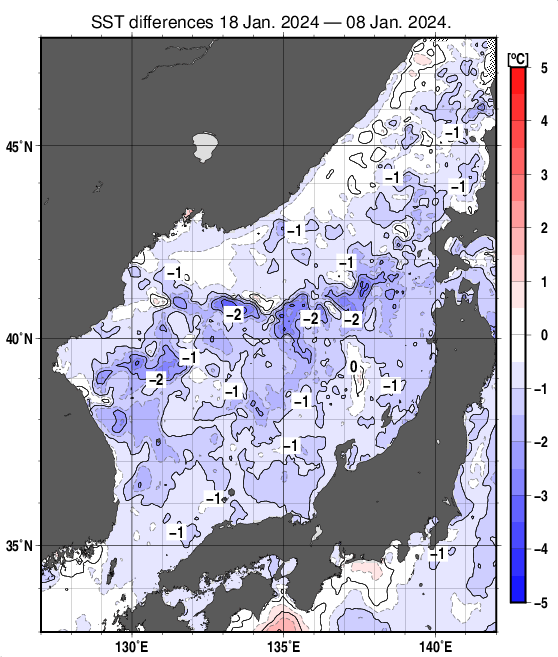 日本海の10日間の海面水温変化量分布図（1月18日）