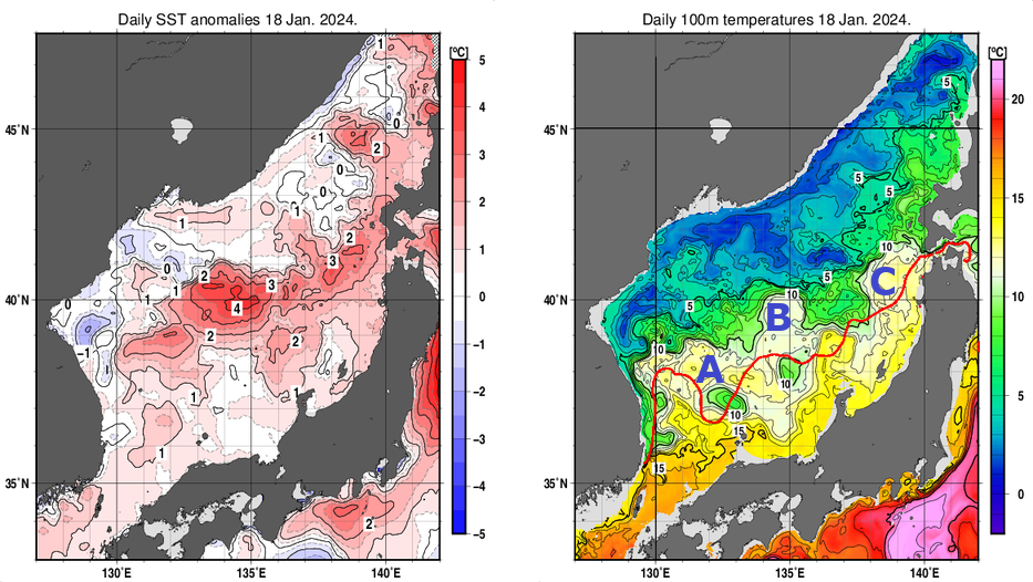 日本海の海面水温平年差分布図および深さ100mの水温分布図（1月18日）