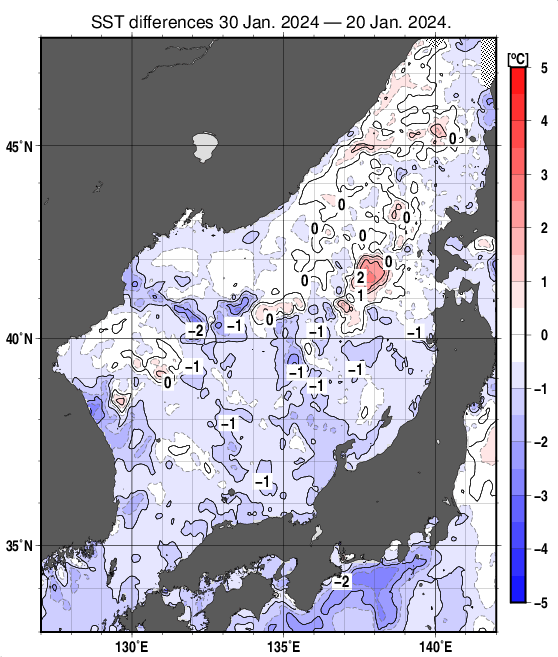 日本海の10日間の海面水温変化量分布図（1月30日）