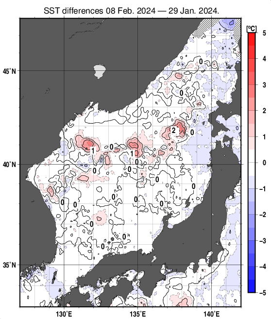 日本海の10日間の海面水温変化量分布図（2月8日）
