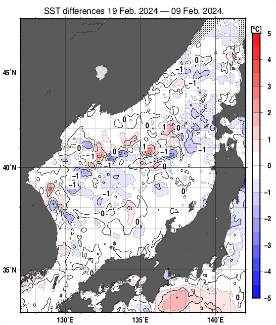日本海の10日間の海面水温変化量分布図（2月19日）