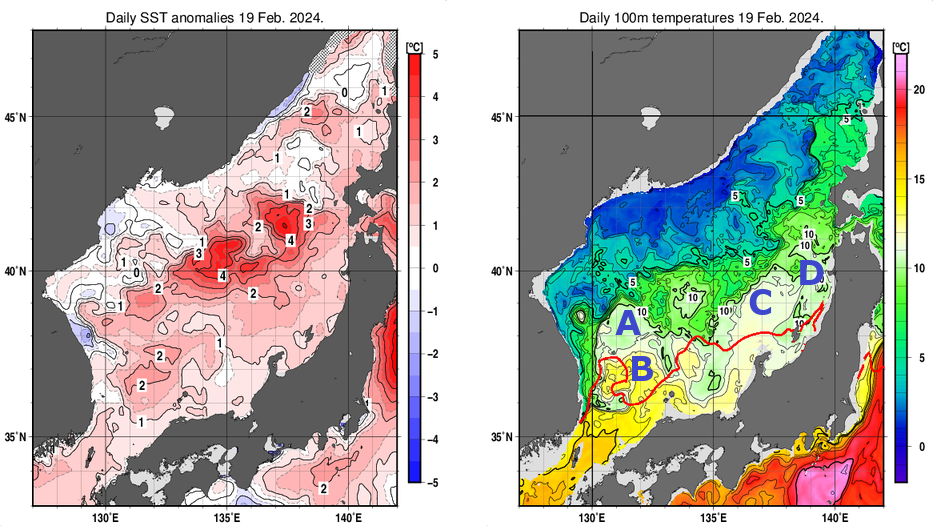 日本海の海面水温平年差分布図および深さ100mの水温分布図（2月19日）