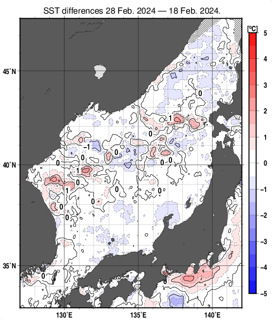 日本海の10日間の海面水温変化量分布図（2月28日）