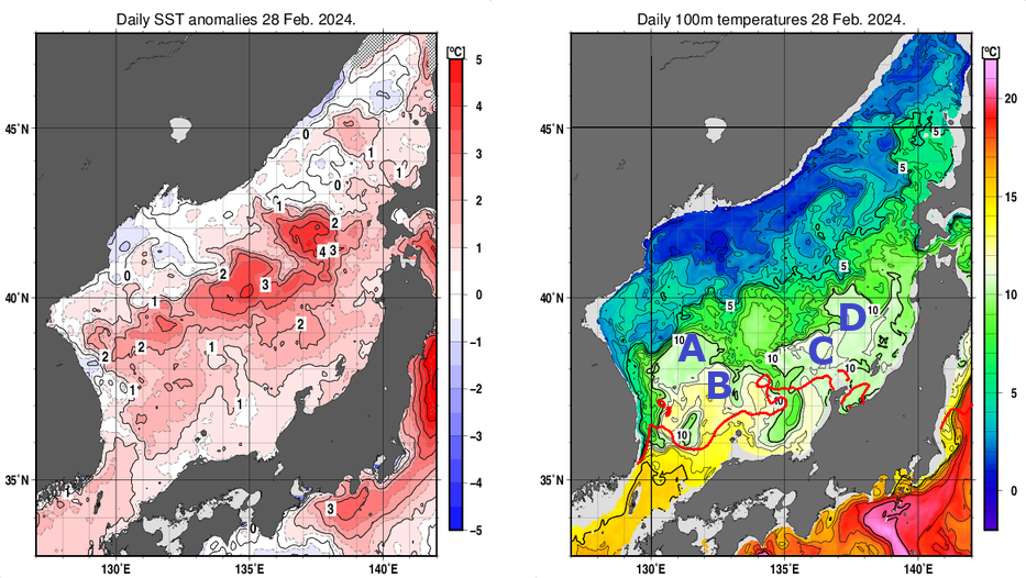 日本海の海面水温平年差分布図および深さ100mの水温分布図（2月28日）