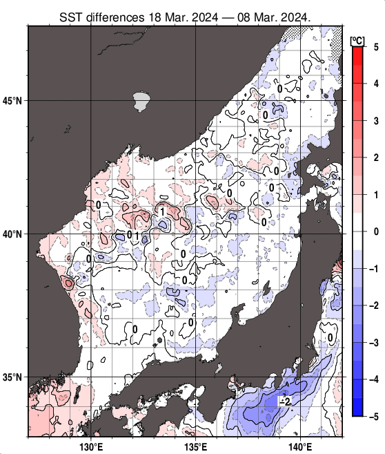 日本海の10日間の海面水温変化量分布図（3月18日）