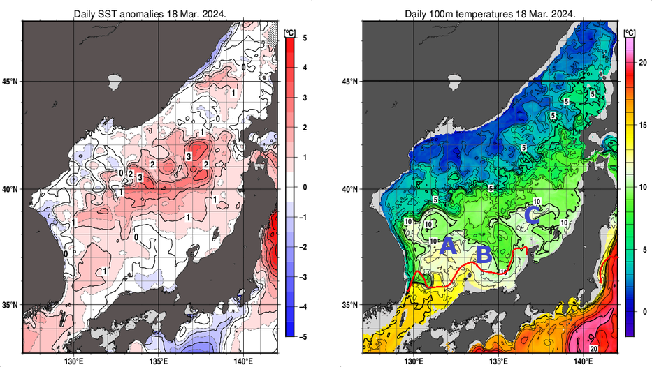 日本海の海面水温平年差分布図および深さ100mの水温分布図（3月18日）