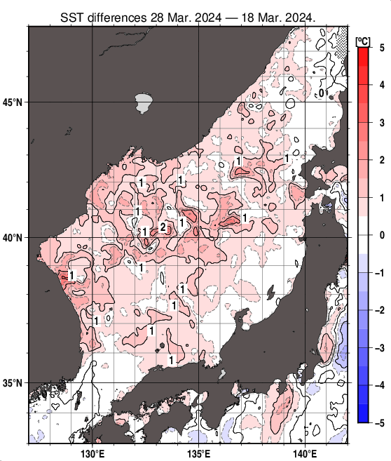 日本海の10日間の海面水温変化量分布図（3月28日）