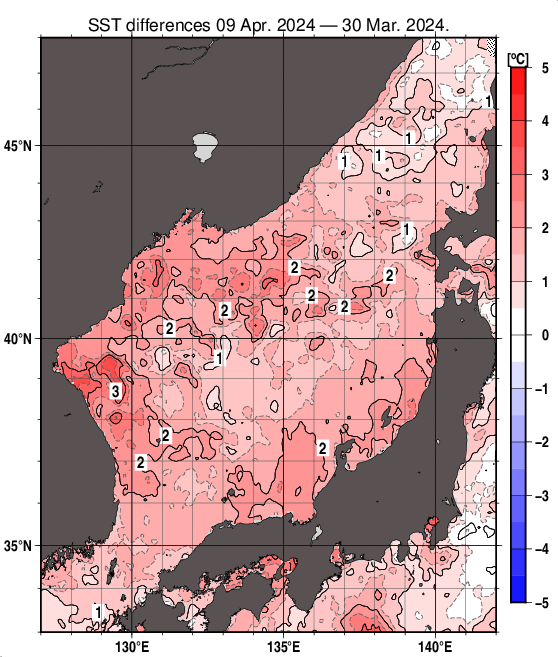 日本海の10日間の海面水温変化量分布図（4月9日）