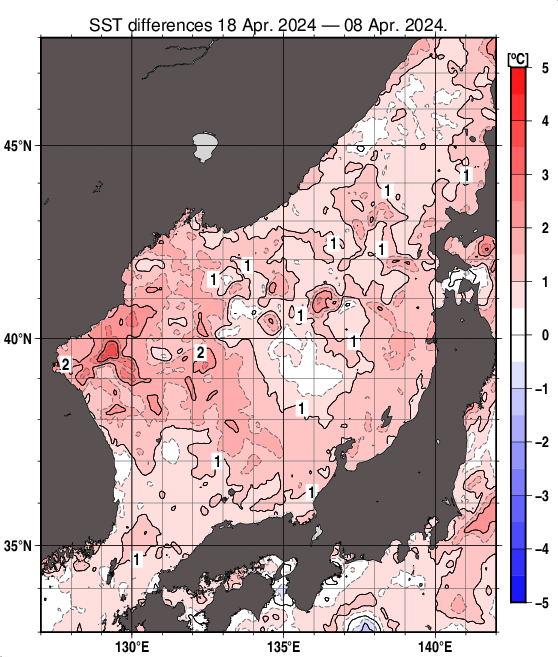 日本海の10日間の海面水温変化量分布図（4月18日）