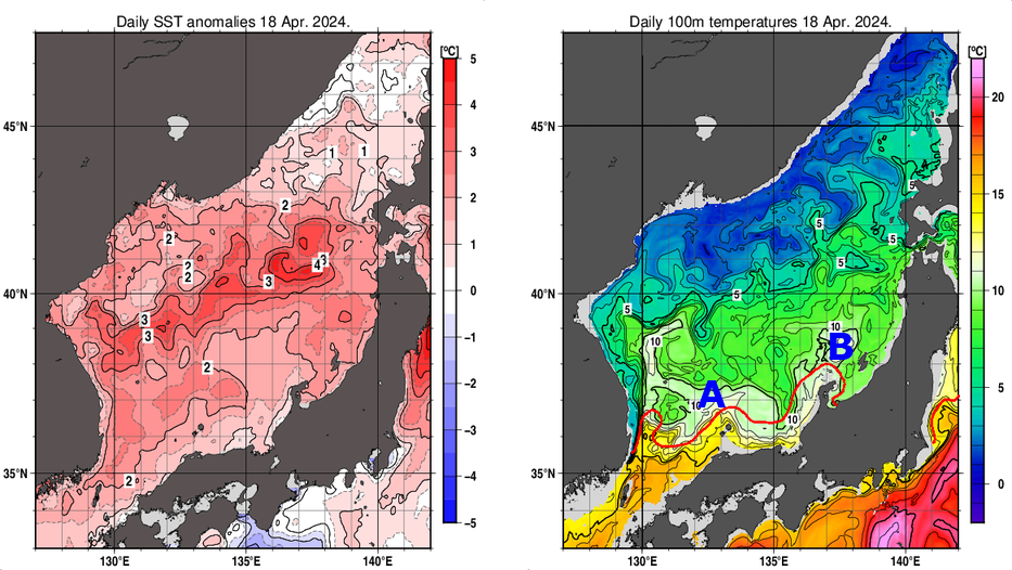 日本海の海面水温平年差分布図および深さ100mの水温分布図（4月18日）