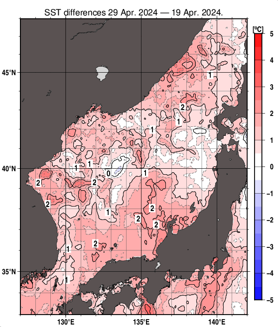 日本海の10日間の海面水温変化量分布図（4月29日）