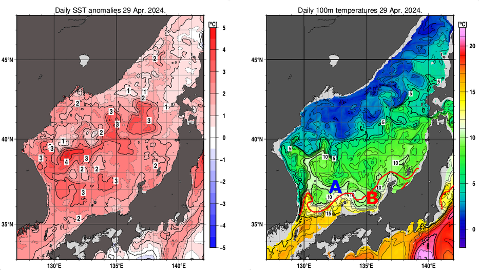 日本海の海面水温平年差分布図および深さ100mの水温分布図（4月29日）