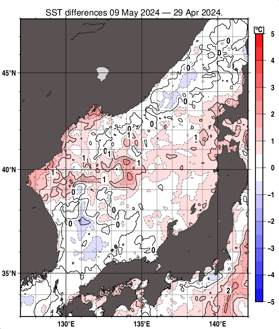 日本海の10日間の海面水温変化量分布図（5月9日）