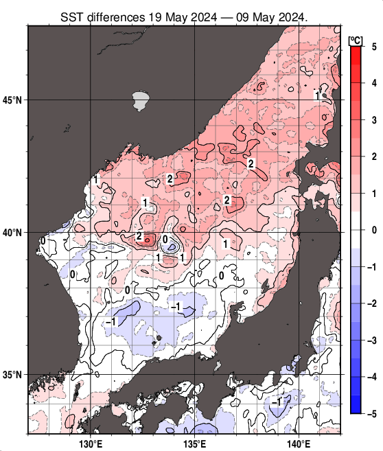 日本海の10日間の海面水温変化量分布図（5月19日）