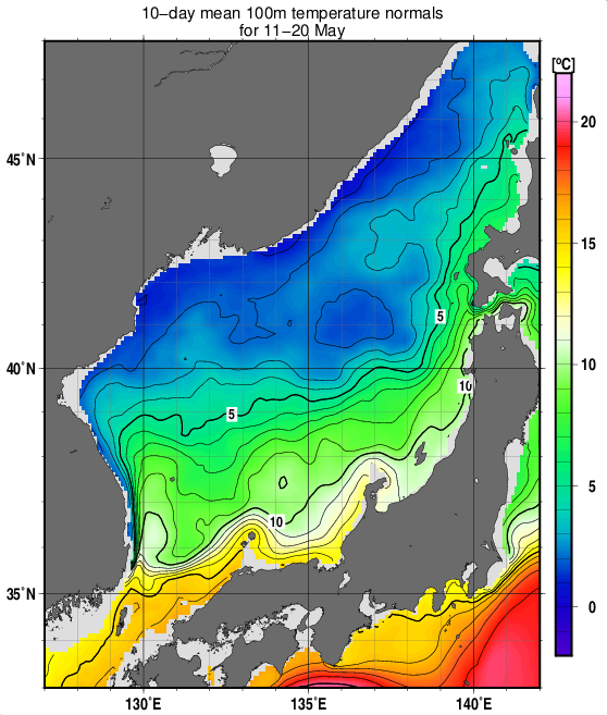 日本海の深さ100mの水温の旬別平年値(1993～2017年の25年間の平均)(5月中旬)