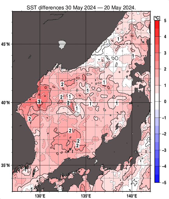 日本海の10日間の海面水温変化量分布図（5月30日）
