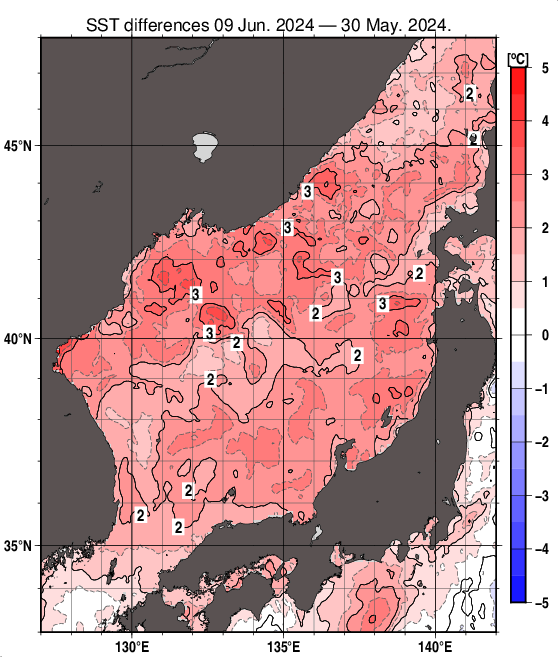 日本海の10日間の海面水温変化量分布図（6月9日）