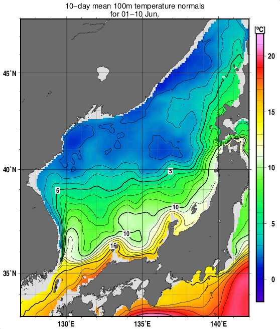 日本海の深さ100mの水温の旬別平年値(1993～2017年の25年間の平均)(6月上旬)