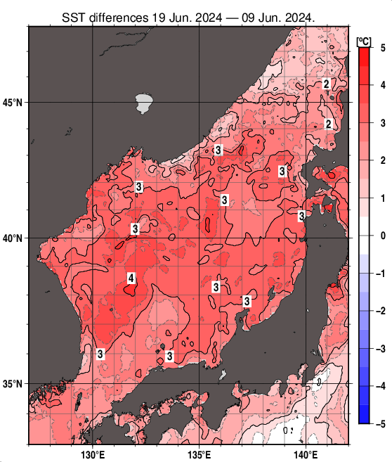 日本海の10日間の海面水温変化量分布図（6月19日）