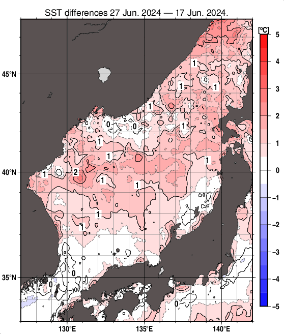 日本海の10日間の海面水温変化量分布図（6月27日）
