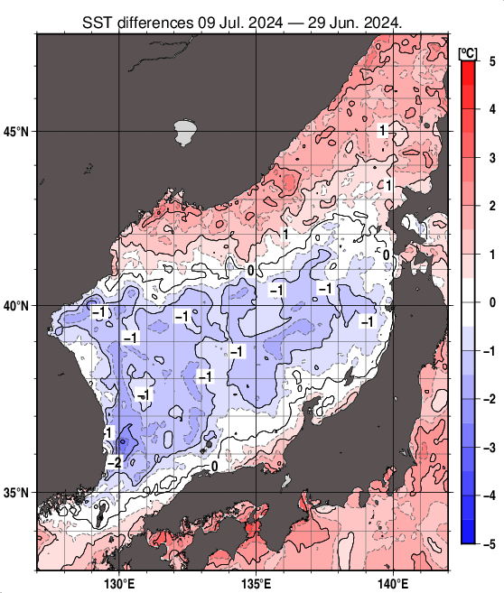 日本海の10日間の海面水温変化量分布図（7月9日）