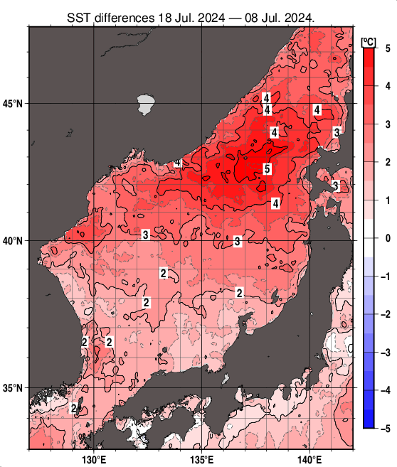 日本海の10日間の海面水温変化量分布図（7月18日）