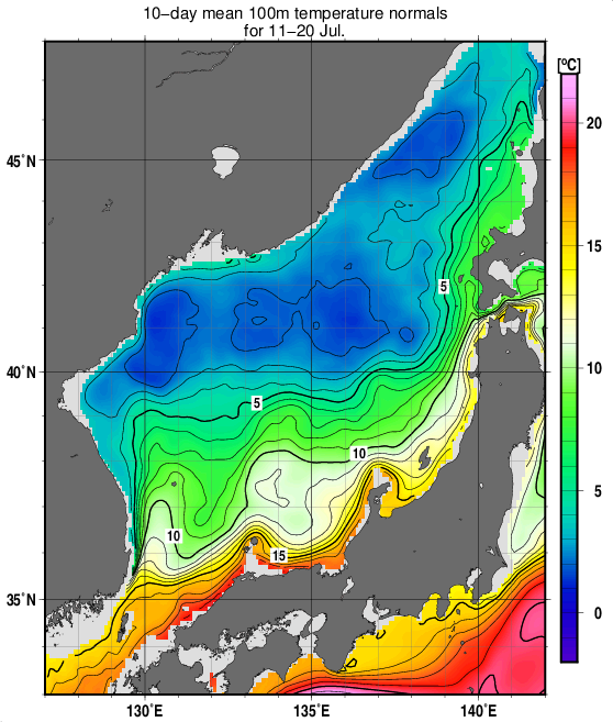 日本海の深さ100mの水温の旬別平年値(1993～2017年の25年間の平均)(7月中旬)