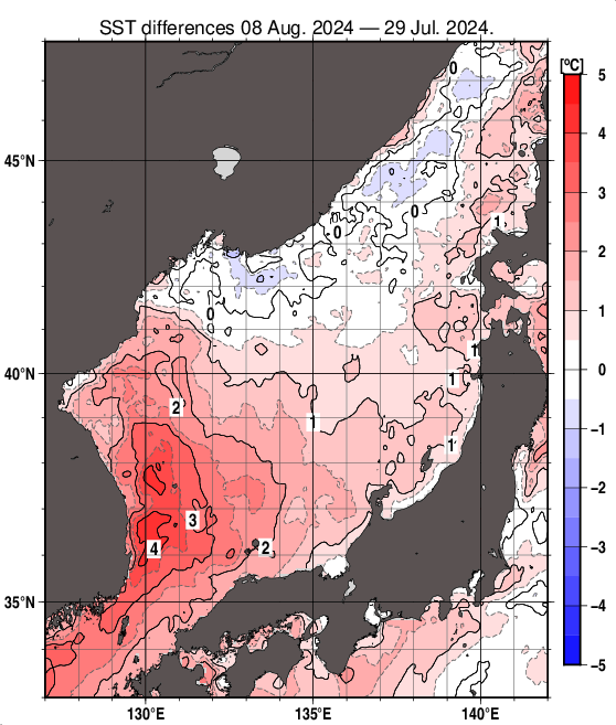 日本海の10日間の海面水温変化量分布図（8月8日）