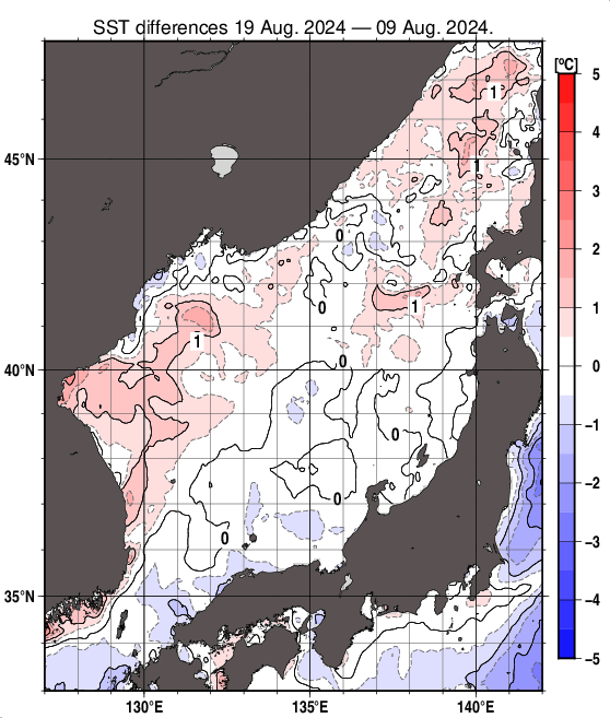日本海の10日間の海面水温変化量分布図（8月19日）
