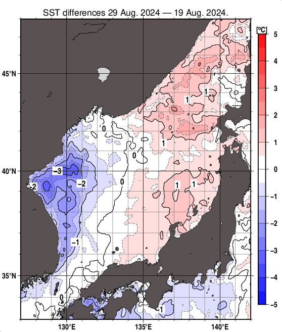日本海の10日間の海面水温変化量分布図（8月29日）