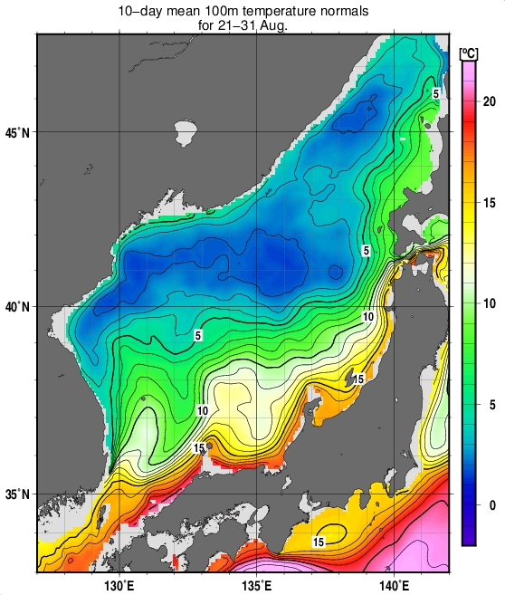 日本海の深さ100mの水温の旬別平年値(1993～2017年の25年間の平均)(8月下旬)