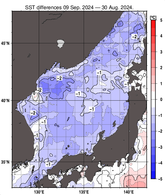 日本海の10日間の海面水温変化量分布図（9月9日）