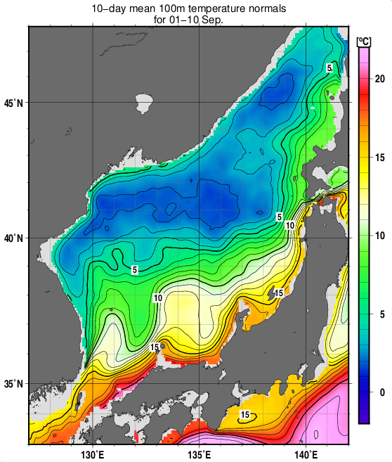 日本海の深さ100mの水温の旬別平年値(1993～2017年の25年間の平均)(9月上旬)