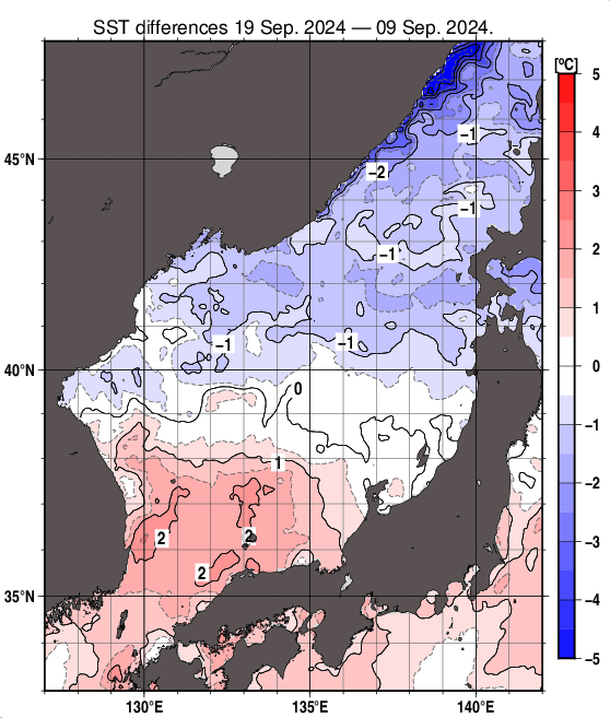 日本海の10日間の海面水温変化量分布図（9月19日）