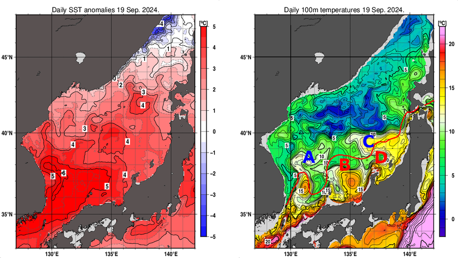日本海の海面水温平年差分布図および深さ100mの水温分布図（9月19日）
