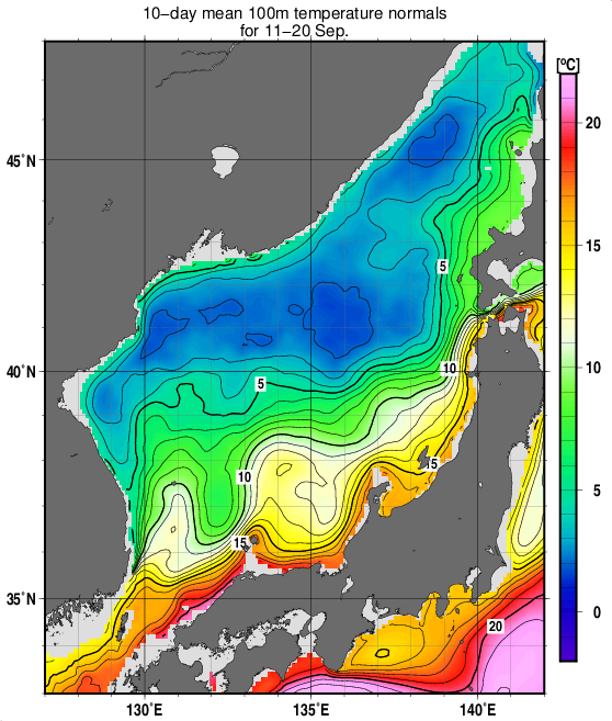 日本海の深さ100mの水温の旬別平年値(1993～2017年の25年間の平均)(9月中旬)