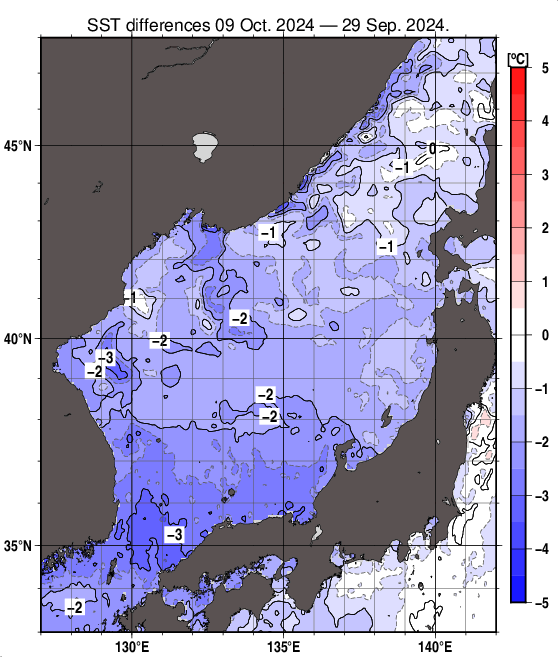 日本海の10日間の海面水温変化量分布図（10月9日）