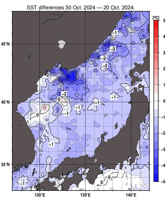 日本海の10日間の海面水温変化量分布図（10月30日）