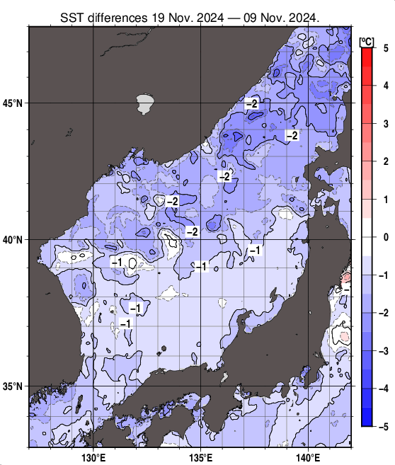 日本海の10日間の海面水温変化量分布図（11月19日）