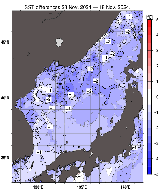 日本海の10日間の海面水温変化量分布図（11月28日）